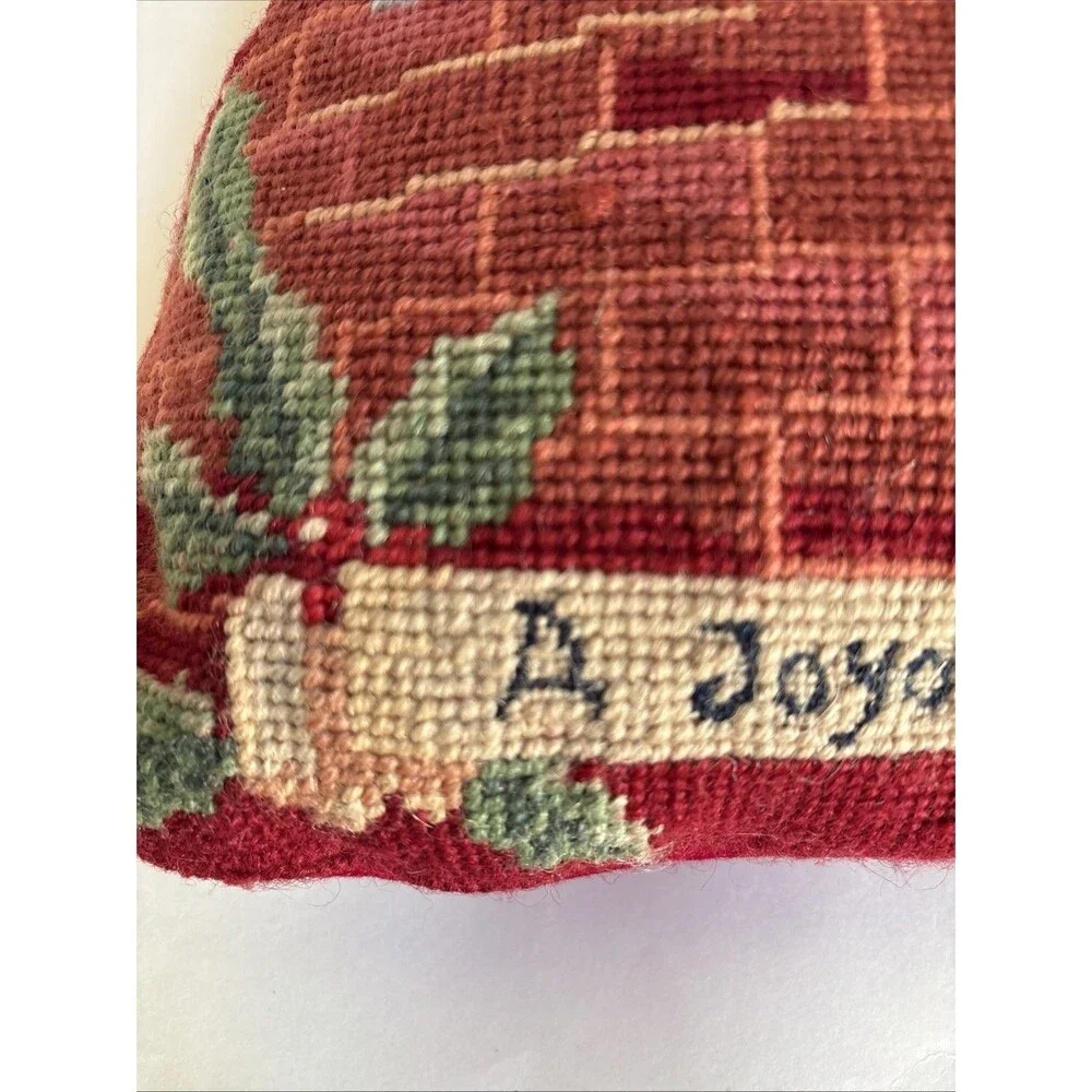 Vintage Crewel A JOYOUS CHRISTMAS Pillow W/Removable Zip Cover 13”x13”